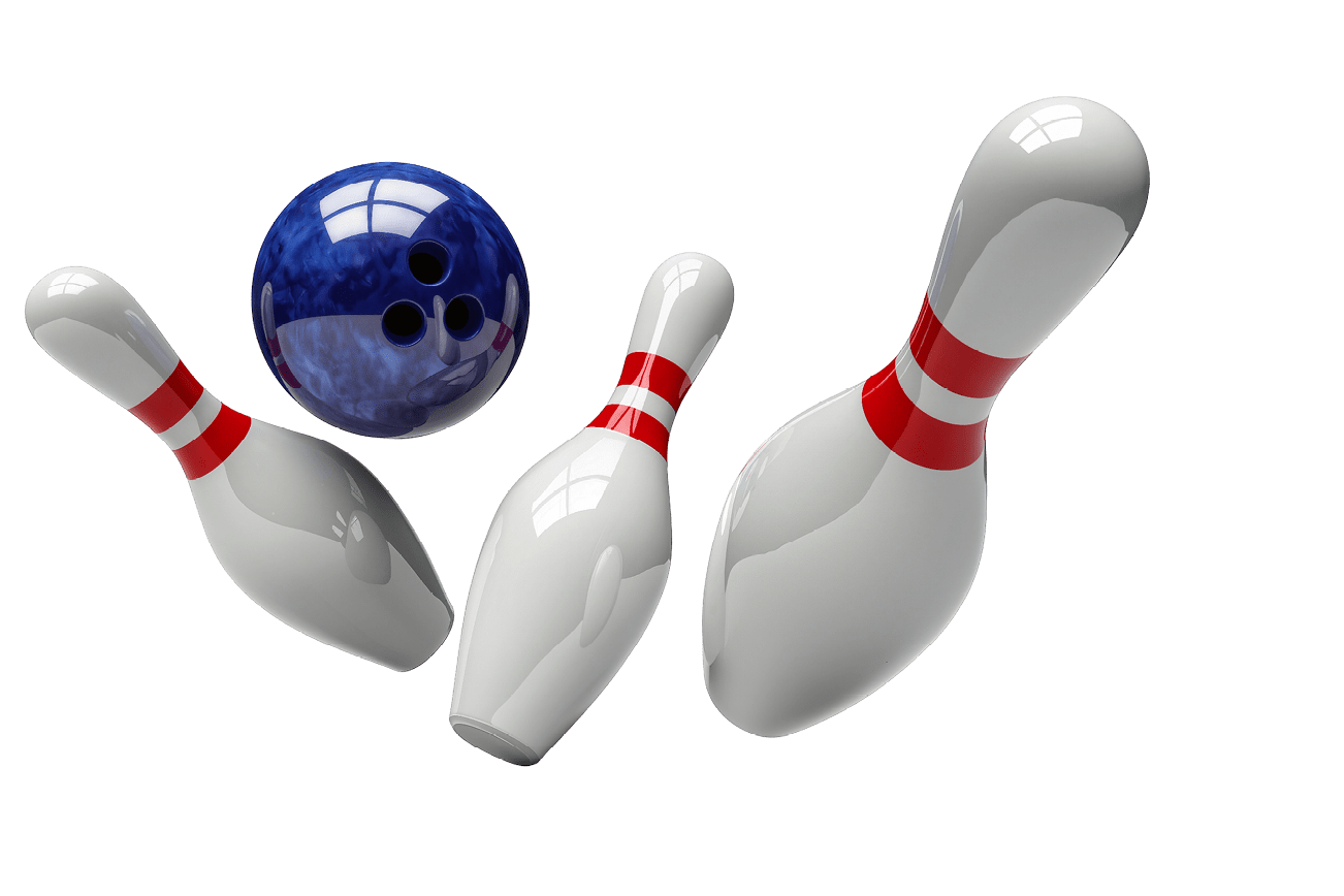 Three white bowling pins with red stripes and a blue bowling ball, isolated on transparent background