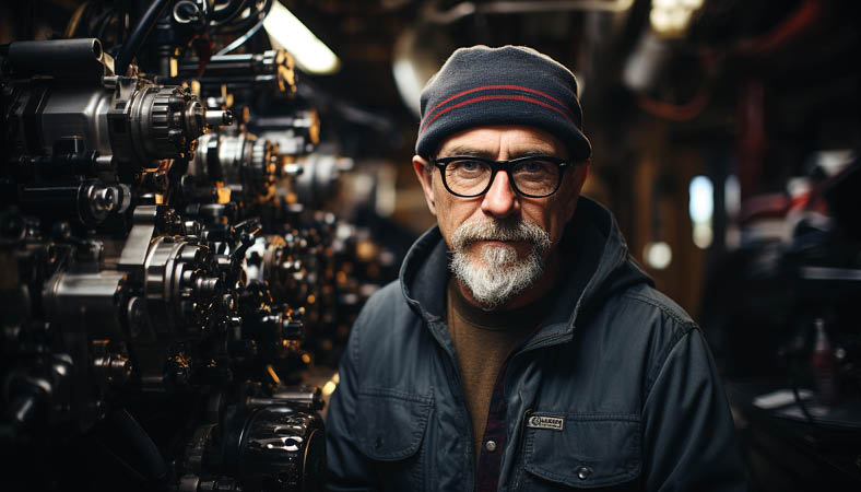 A confident senior mechanic in a workshop repairing machinery generated by artificial intelligence